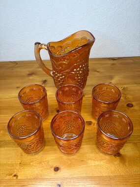 Classic Vintage Imperial Marigold Carnival Glass Water Set Pitcher 6 Tumblers
